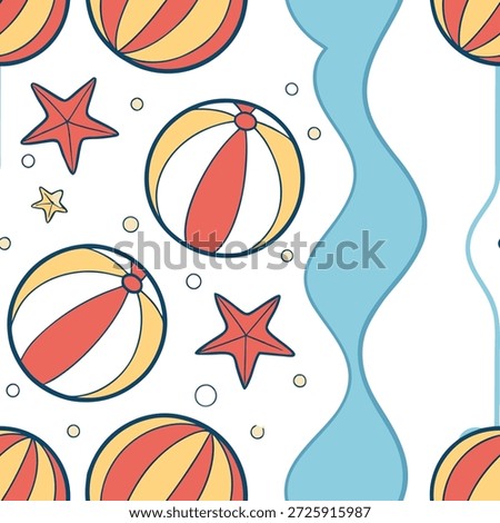 Summer beach ball seamless tile pattern with vibrant colors and a playful beach atmosphere concept as Vibrant beach balls and bright colors create a fun playful summer beach seamless tile pattern for lively decor in Photo Stock Concept and empty space on the left side,no text --ar 7:2 --tile