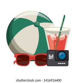 Summer beach ball sunglasses camera and juice cup cartoons vector illustration graphic design