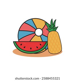 summer beach ball with watermelon and pineapple cartoon style