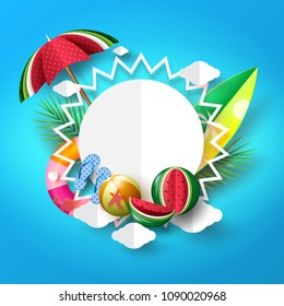 Summer beach banner background concept design with sun and object elements.Paper art vector illustration