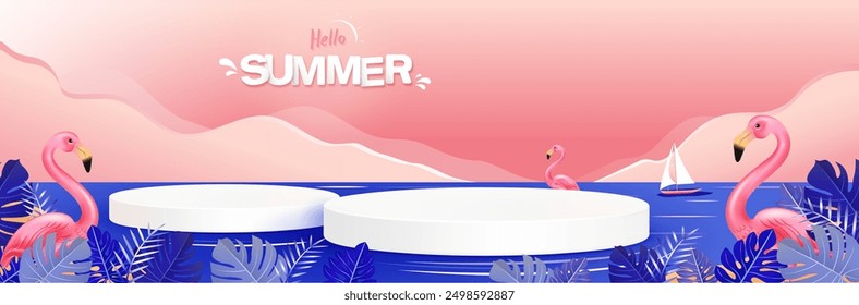 Summer beach banner background with flamingo birds and stage podiums for products display, vector design 