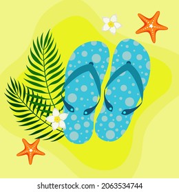 Summer beach banner with flip-flops, a star and a palm leaf. Vector illustration