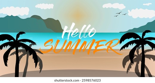 A summer beach banner illustration featuring palm trees, a bright ocean, distant mountains, and a warm sunset sky. The text "Hello Summer" is displayed in a stylish brushstroke font.  