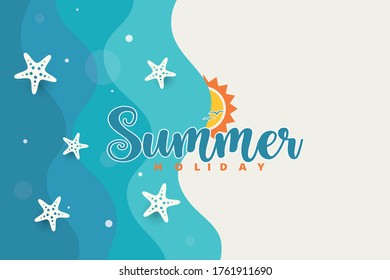 Summer beach banner with ocean blue waves and starfish on white background in tropical style.