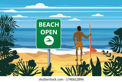 Summer beach banner Open surfer with surfboard. Seascape ocean shore tropical flora palms. Opening season vacation. Vector illustration isolated