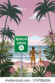 Summer beach banner Open surfer with surfboard. Seascape ocean shore tropical flora palms. Opening season vacation. Vector illustration isolated