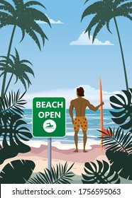 Summer beach banner Open surfer with surfboard. Seascape ocean shore tropical flora palms. Opening season vacation. Vector illustration isolated