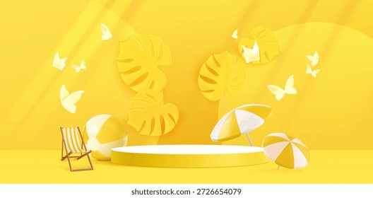 Anuncio de playa de verano con podio redondo sobre fondo amarillo. Vector ilustración realista de resort chaise lounge, bola y paraguas contra la pared decorado con hojas de monstera y mariposas blancas