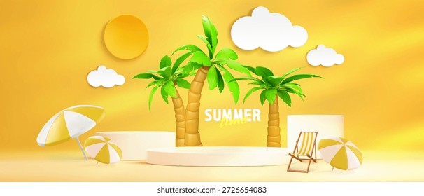 Anuncio de playa de verano con podios redondos sobre fondo amarillo. Vector ilustración realista de resort chaise lounge, bola y paraguas contra la pared decorado con nubes, sol, palmeras con hojas verdes