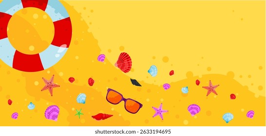summer beach banner with seashells, sunglasses and lifebuoy – vector illustration
