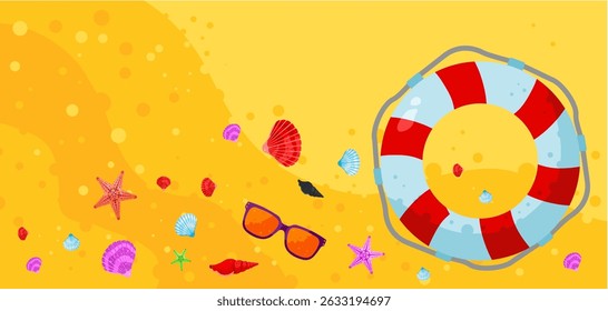 summer beach banner with seashells, sunglasses and lifebuoy – vector illustration