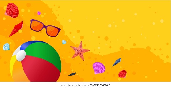 summer beach banner with seashells, sunglasses and beach ball – vector illustration


