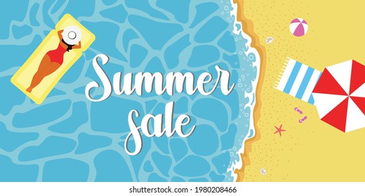 Summer beach banner, top view. A woman floats on an air mattress, an umbrella and a towel on the shore. Flat vector illustration.