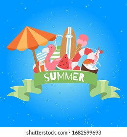 Summer beach banner with umbrella, cocos and icecream, swimming flamingo, surfboard and holiday elements vector illustration. Vacation on sea summer beach poster.