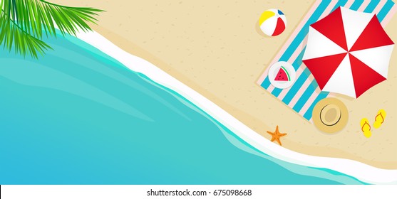 Summer beach banner vector illustration, Top view of beach and sea with copy space.