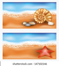 Summer beach banners with starfish and seashell, vector illustration