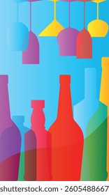 Summer beach bar, collection of various alcohol, blue sky. Vector design beach party, liquor bottles, cocktails, whiskey, red wine