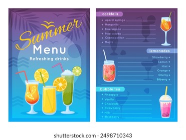 Summer beach bar menu. Party cocktails. List of fresh drinks design template. Homemade lemonades. Bubble tea. Refreshing smoothie. Non-alcoholic beverages. Recent vector