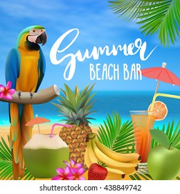 Summer Beach Bar Menu Vector Illustration. Sea, Blue Sky,  Cocktails, Pineapple, Fruits, Palm Leaves, Parrot.Tropical Background With Lettering.