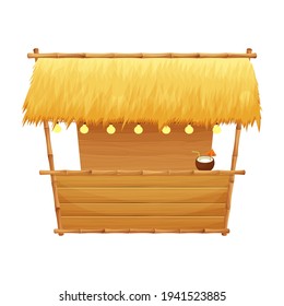 Summer beach bar tiki in cartoon style isolated on white background stock vector illustration. Retro, simple building with bamboo and wooden details. Summertime, vacation element.