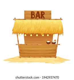 Summer beach bar tiki in cartoon style isolated on white background stock vector illustration. Retro, simple building with bamboo and wooden details. Summertime, vacation element.