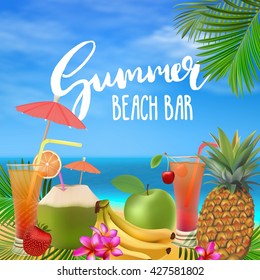 Summer beach bar vector illustration. Sea, blue sky, cocktails, pineapple, fruits, palm leaves. 