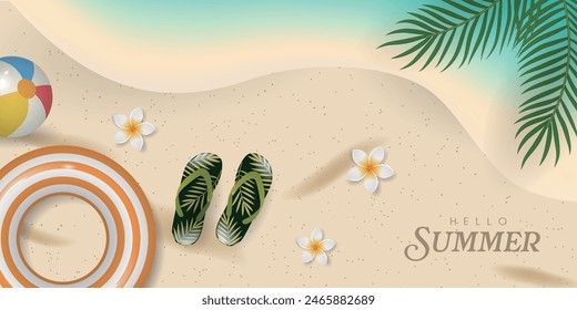 Summer beach with beach-ball,  flowers, swim ring, and flip-flops