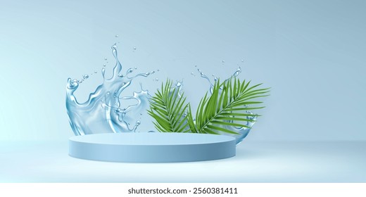 Summer beach or beauty cosmetic and spa promotion scene with light blue cylinder podium, clear water splash with drops and green palm tree leaves for seasonal sale and products display presentation.