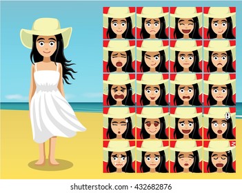 Summer Beach Big Hat Woman Cartoon Emotion faces Vector Illustration