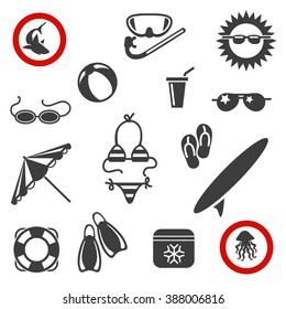 Summer beach black icons on white background. Vector illustration