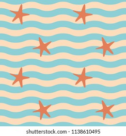Summer Beach Blue Green Wave Seamless Pattern with Orange Starfish Design Vector Illustration