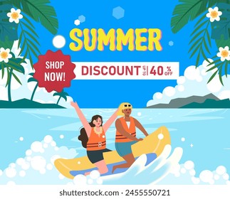 Summer beach, blue ocean water. Sunny palms and vacation shopping, coconut trees, sea travel, woman on seashore, tropical island resort. Vector illustration banner template