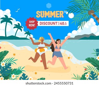 Summer beach, blue ocean water. Sunny palms and vacation shopping, coconut trees, sea travel, woman on seashore, tropical island resort. Vector illustration banner template