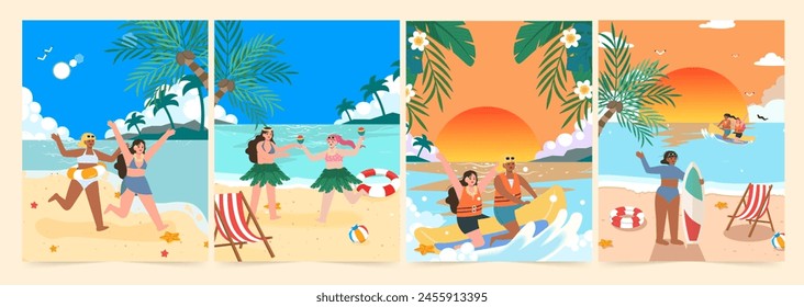 Summer beach, blue ocean water. Sunny palms and vacation, coconut trees, sea travel, woman on seashore, tropical island resort. Vector illustration background