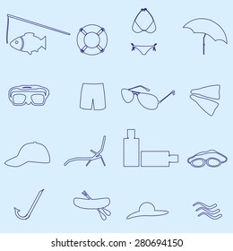 summer and beach blue outline icons set eps10