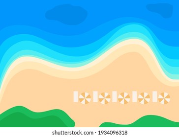 Summer beach and blue sea with wave, view above. Coastline landscape. Seashore, seascape, seaside and sand. Rest on nature. Vector illustration