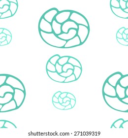 Summer beach blue shell seamless pattern background in doodle style. Linear graphic sea fabric on white.