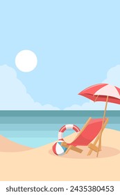 Summer Beach with Blue Sky Flat Illustration