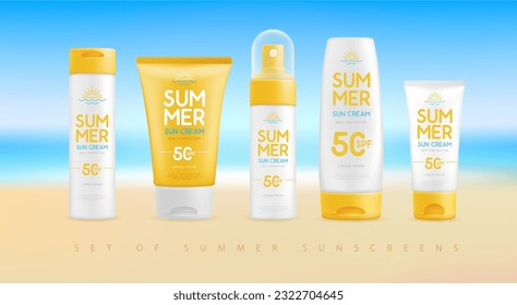 La playa de verano bordea el fondo con un juego de cremas de protección solar. Colorida escena veraniega. Ilustración del vector