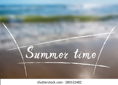 Summer, beach, blurred background with text summer vacation surfing. Vector illustration. Best for tourist brochures, invitations, postcard, web banner
