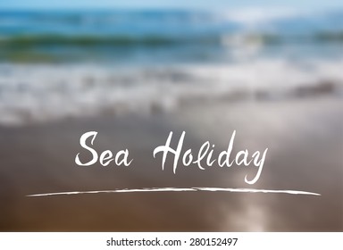 Summer, beach, blurred background with text summer vacation surfing. Vector illustration. Best for tourist brochures, invitations, postcard, web banner