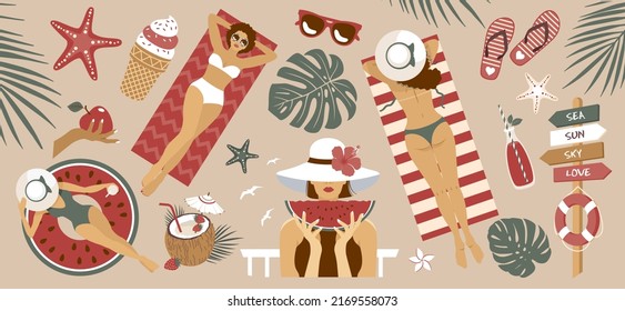 Summer beach boho set. Tropical vacation. Girls, ice cream, watermelon. Vector clipart.