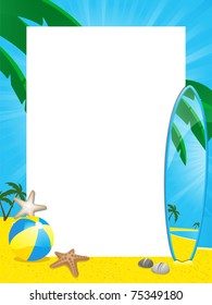 Summer beach border and surfboard