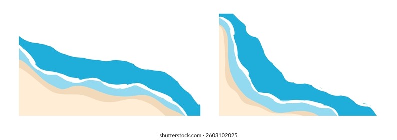 Summer beach border top view. Sea wave pattern background with flat texture. Seaside shore banner frame design. Ocean with foam poster for swimming vacation collage or certificate. Overhead coast 