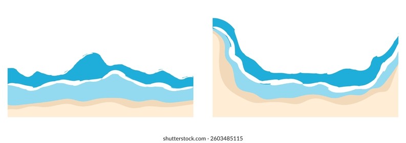 Summer beach border top view vector. Ocean wave pattern background with flat texture. Seaside shore banner frame design. Sea water with foam for vacation poster or collage. Overhead australia coast 
