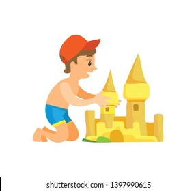 Summer beach, boy in swim trunks and cap building sand castle vector. Vacation and holiday on seaside, outdoor summer activity, isolated child or kid