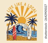 Summer beach Break vector graphic design. Beach party tropical colorful poster . Tropical paradise. beach holiday surf  coffee. Festival vector Illustration placard. 