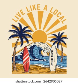 Summer beach Break vector graphic design. Beach party tropical colorful poster . Tropical paradise. beach holiday surf  coffee. Festival vector Illustration placard. 