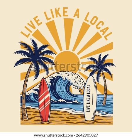 Summer beach Break vector graphic design. Beach party tropical colorful poster . Tropical paradise. beach holiday surf  coffee. Festival vector Illustration placard. 