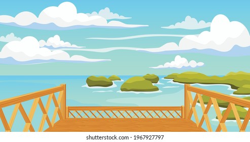 Summer beach with bridge, corals, blue sky, clouds and  clear sea. Beautiful landscape background.